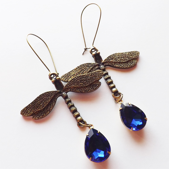 Dragonfly & Blue Glass Gem Earrings Etsy cover 2
