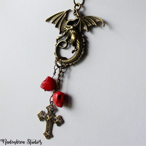 dragon, cross and red skulls necklace